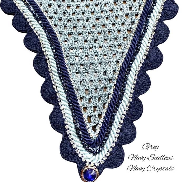 Tiedown Bonnets - Full - Grey Base/Navy Scallops/1 Navy Crystal/2 Clear Bling/Navy & Grey Piping