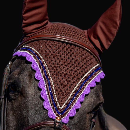 Tiedown Bonnets - Full - Brown Base/Purple Scallops/1 Navy Blue Crystal/2 Clear Bling/2 Piping