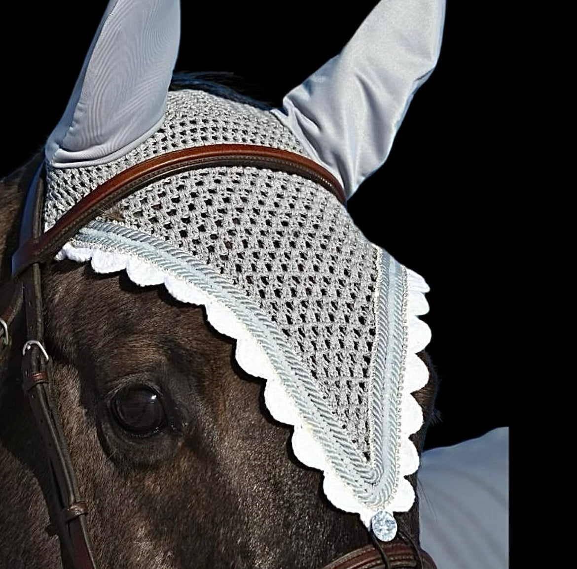 Tiedown Bonnets - Full - Grey Base/White Scallops/1 White Crystal/2 Clear Bling/2 Grey Piping