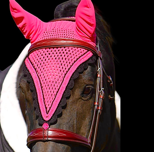 Tiedown Bonnets - Warmblood - Pink Base/Black Scallops/2 Black Crystal/1 Pink Crystal/2 Pink Piping