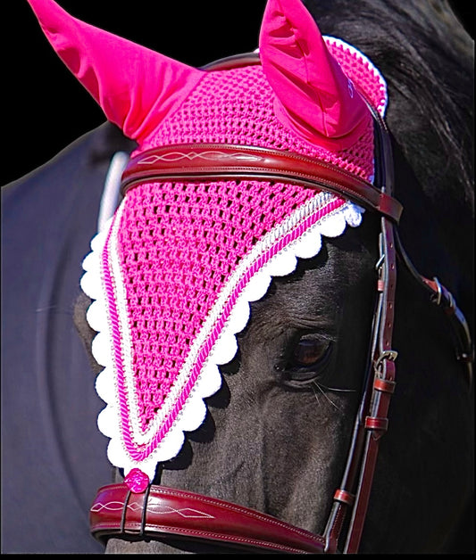 Tiedown Bonnets - Full - Hot Pink Base/White Scallops/3 Clear Bling/Pink and White Piping
