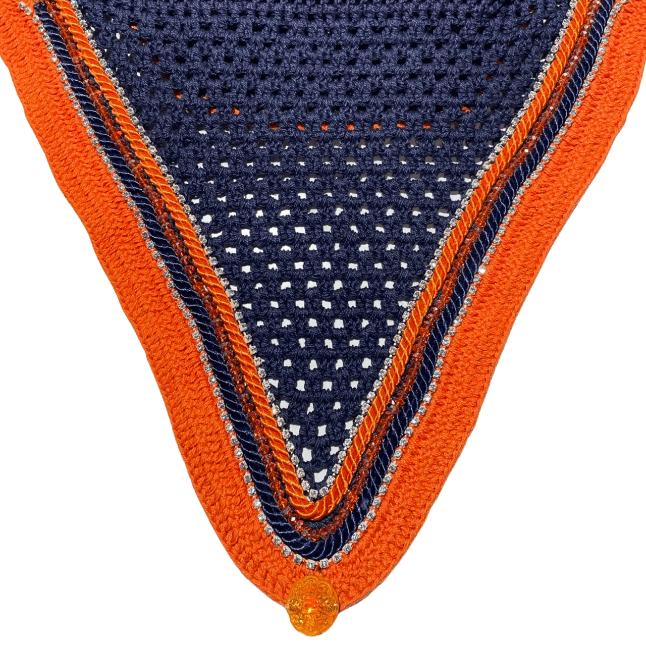 Tiedown Bonnets - Full - Navy Base/Orange Straight Edge/2 Clear Bling/1 Orange Crystal/Orange and Navy PIping