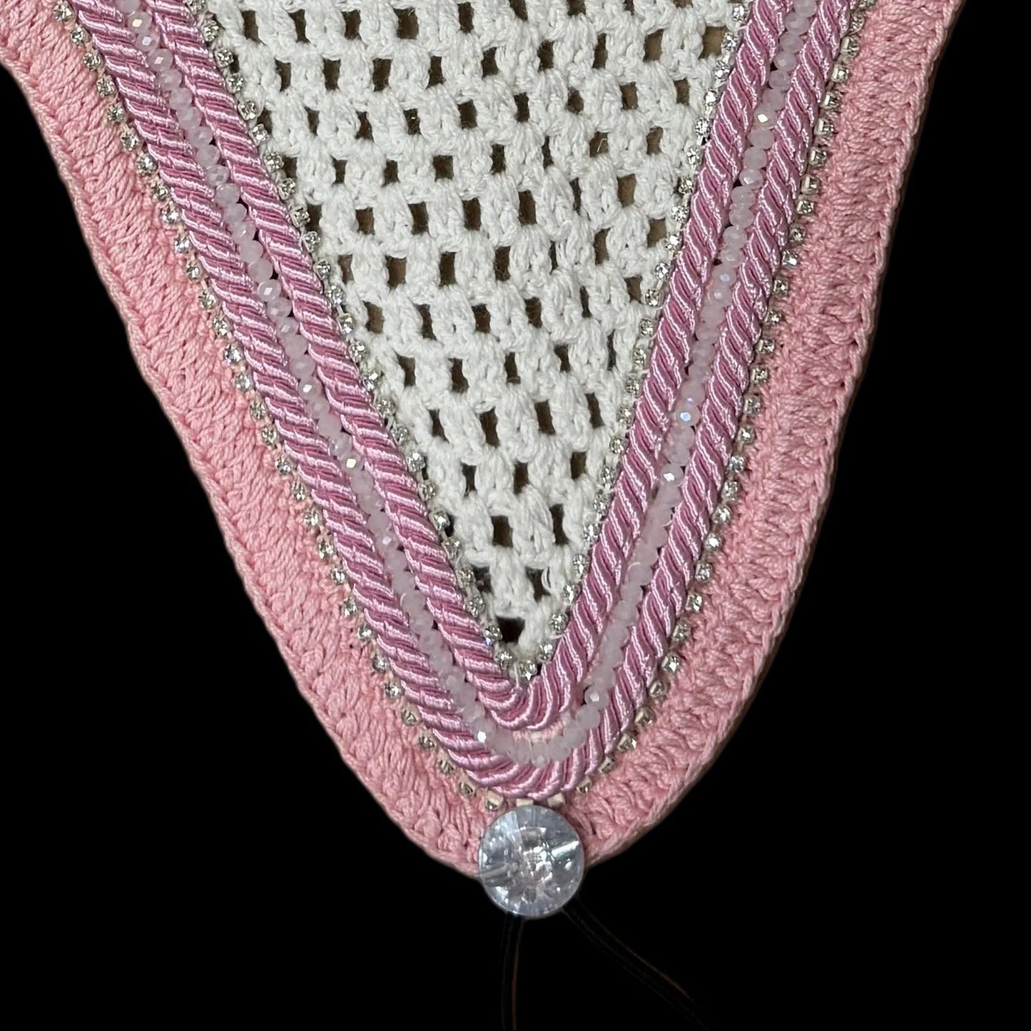 Soundproof - Tiedown Bonnets - White Base/Pastel Pink Straight Edge/2 Clear Bling/1 Clear Crystal/2 Light Pink Piping