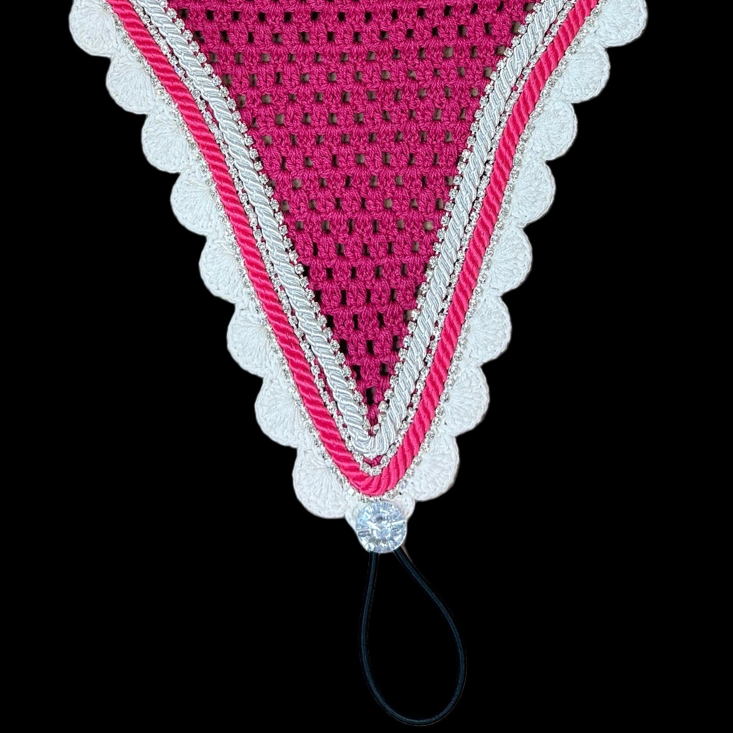 Soundproof - Tiedown Bonnets - Pink Base/White Scallops/3 Clear Bling/1 Pink and 1 White Piping