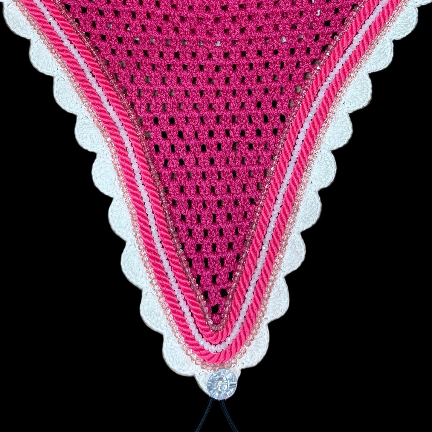 Soundproof - Tiedown Bonnets - Pink Base/White Scallops/2 Pink and 1 Clear Crystal/2 Pink Piping