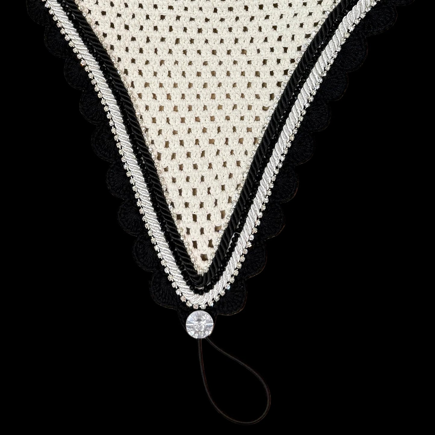 Soundproof - Tiedown Bonnets - White Base/Black Scallops/2 Clear Bling/1 Black Crystal/1 Black and 1 White Piping