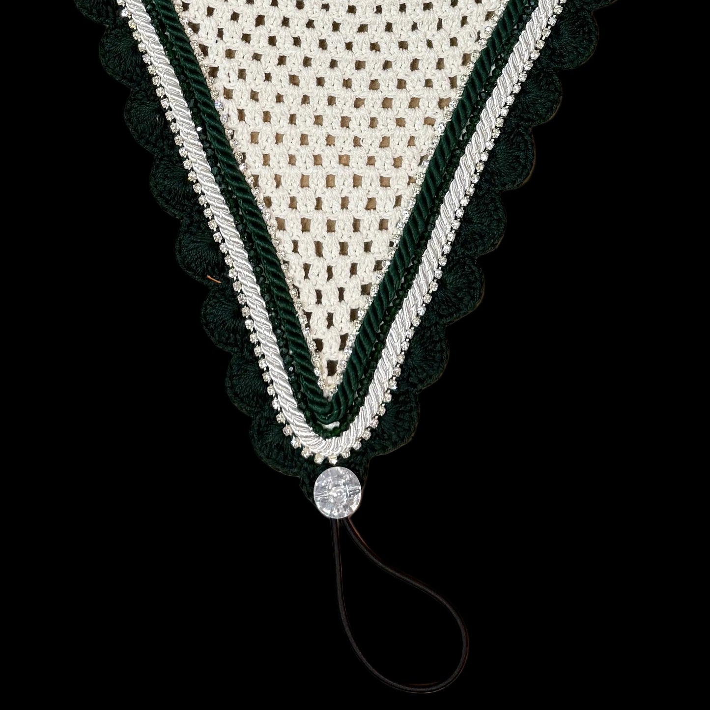 Soundproof - Tiedown Bonnets - White Base/Green Scallops/2 Clear Bling/1 Green Crystal/1 Green and 1 White Piping