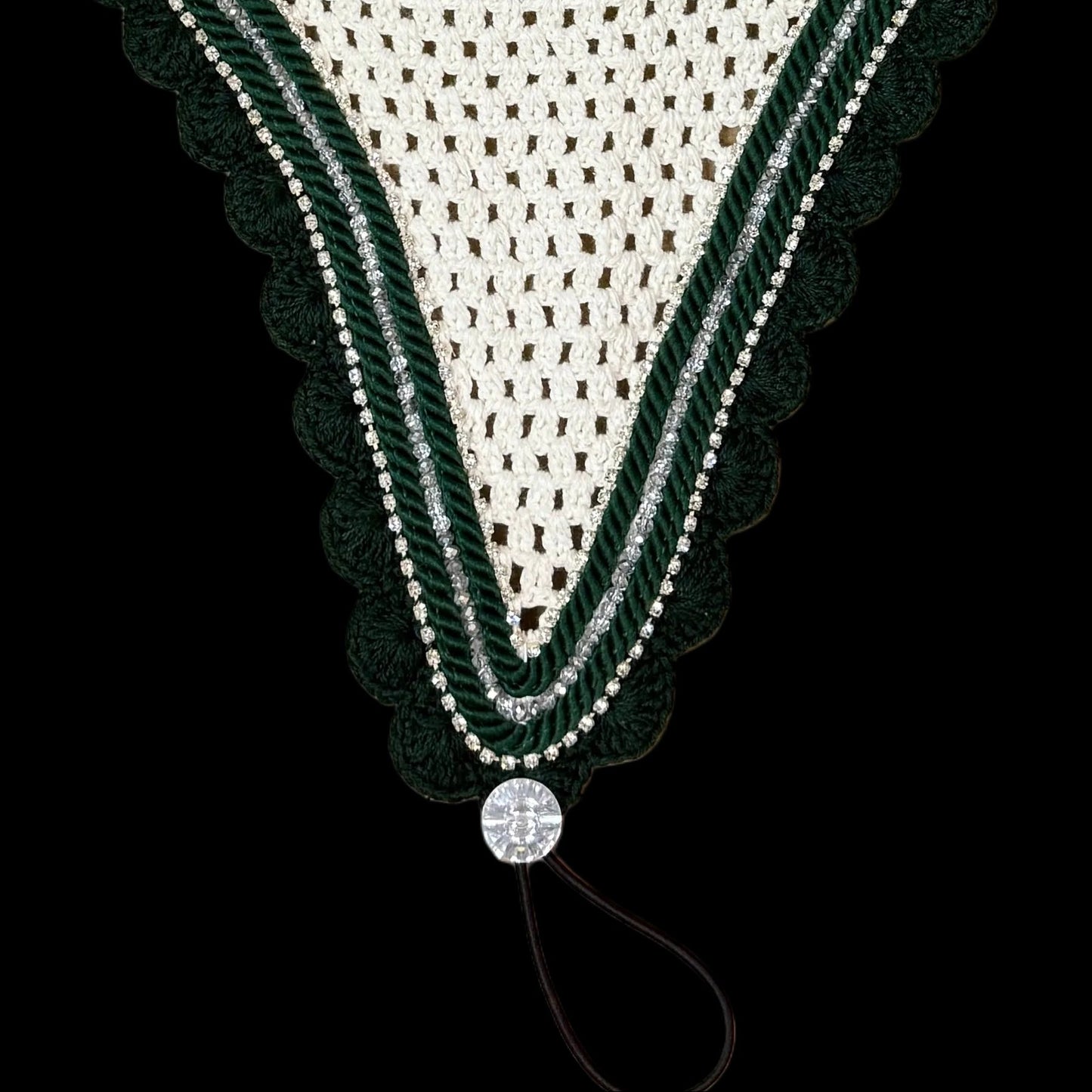 Double Soundproof - Tiedown Bonnets - White Base/Dark Green Scallops/2 Clear Bling/1 Clear Crystal/2 Dark Green Piping