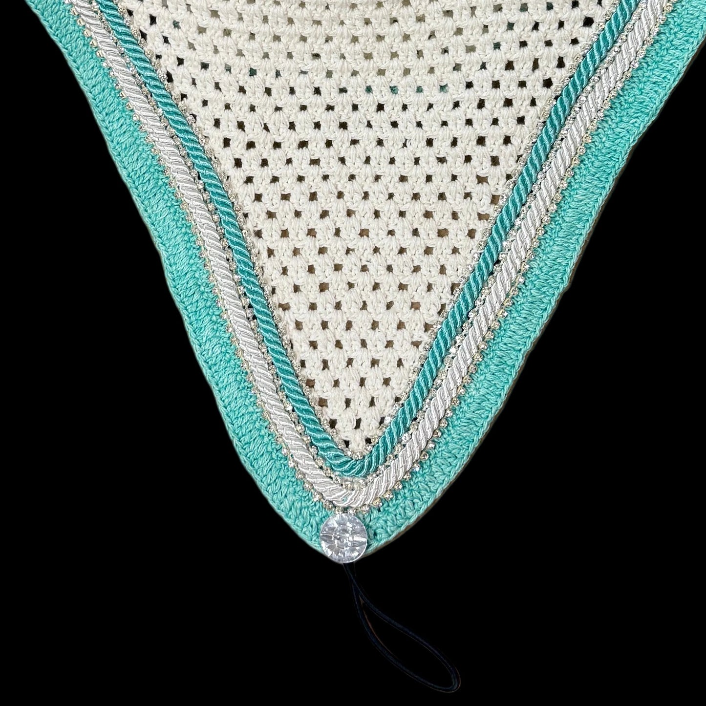 Double Soundproof - Tiedown Bonnets - White Base/Teal Straight Edge/3 Clear Bling/1 Teal and 1 White Piping