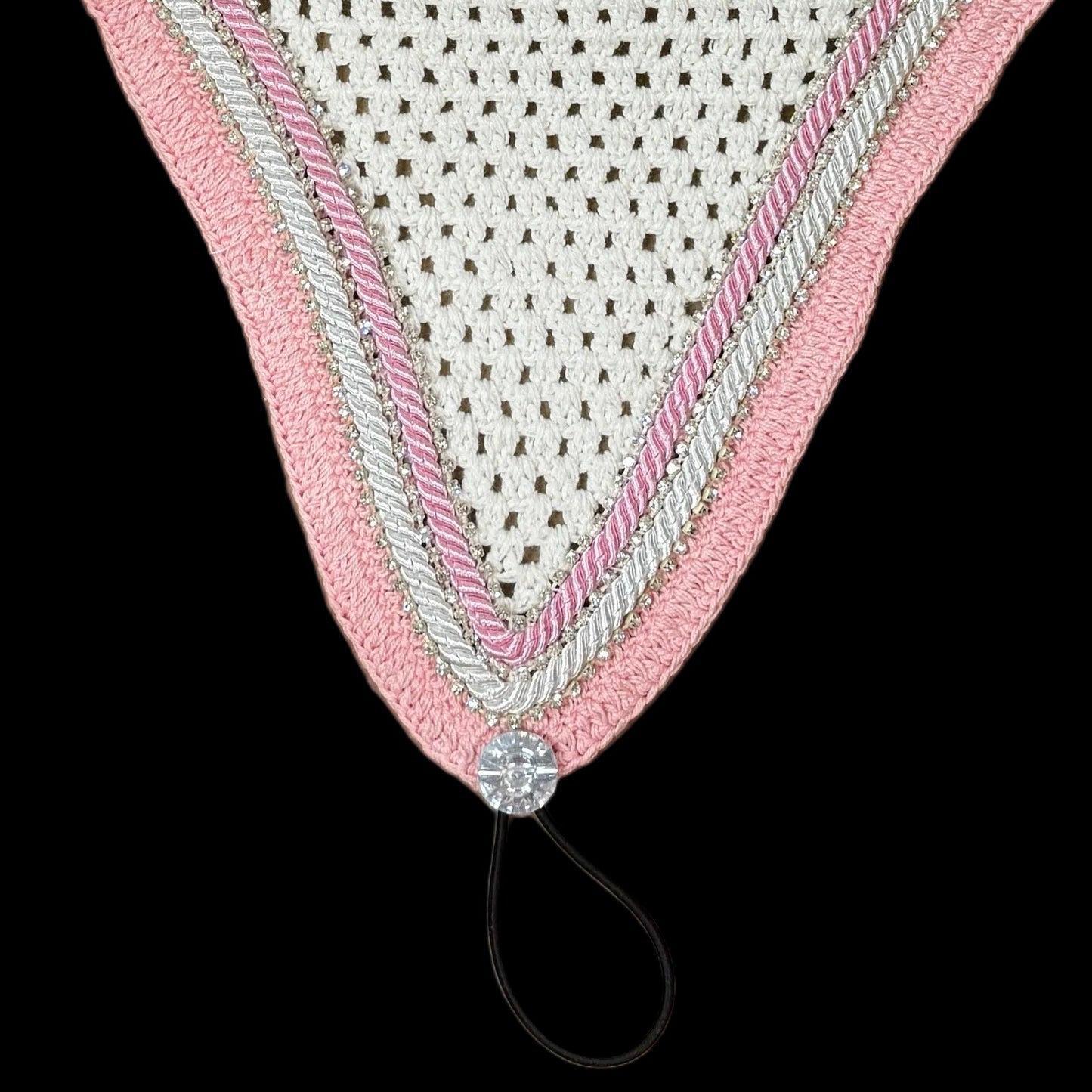 Double Soundproof - Tiedown Bonnets - White Base/Pastel Pink Straight Edge/3 Clear Bling/1 Pastel Pink and 1 White Piping
