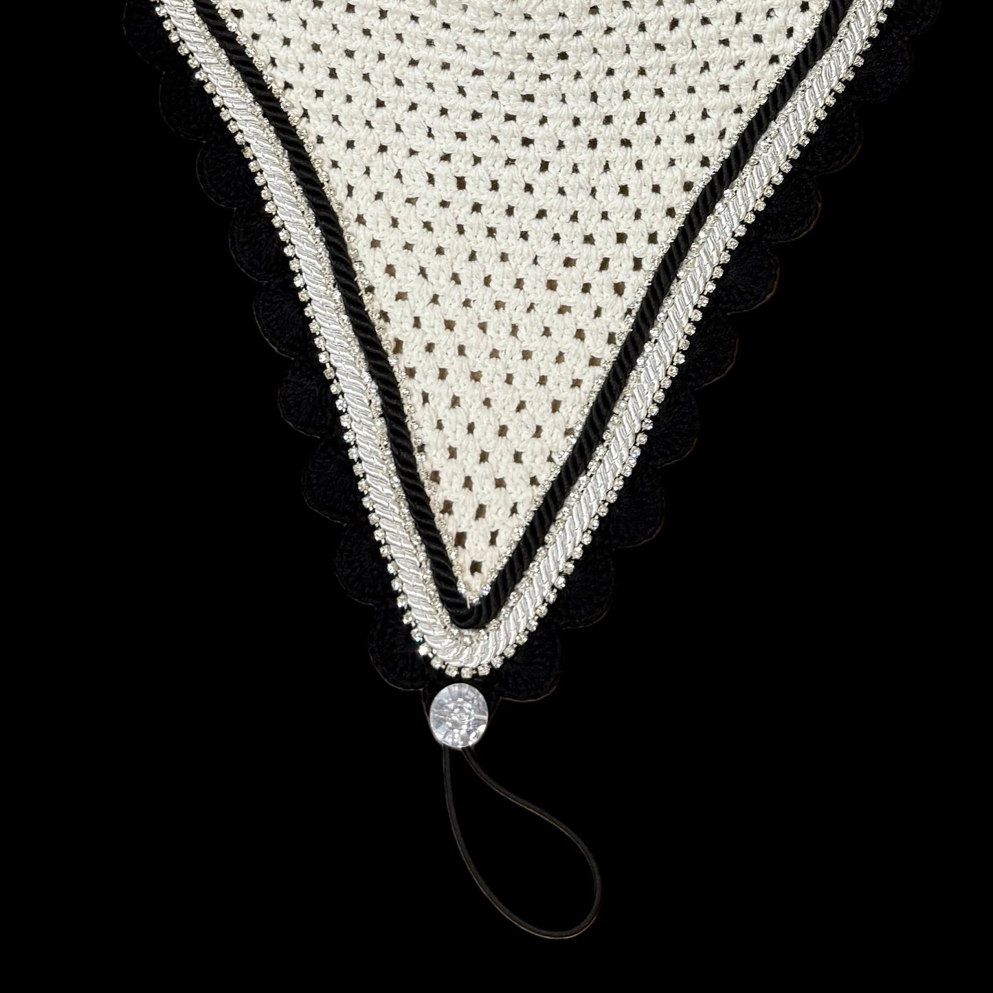 Double Soundproof - Tiedown Bonnets - White Base/Black Scallops/3 Clear Bling/1 Black and 1 White Piping
