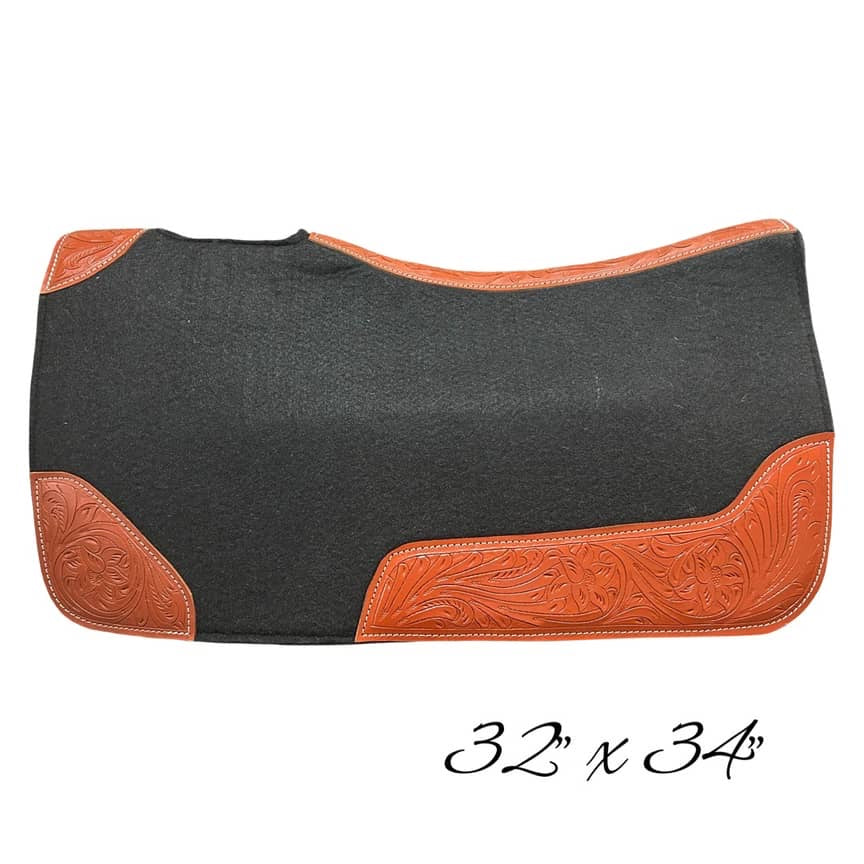 Contoured Western Saddle Pads - Black-Light Tooled-32" X 34"