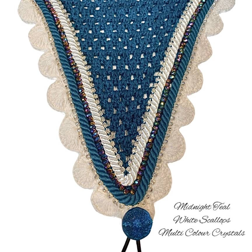 Tiedown Bonnets - Full - Midnight Teal Base/White Scallops/2 Clear Bling/1 Multi Colour Crystal/White & Midnight Teal Piping
