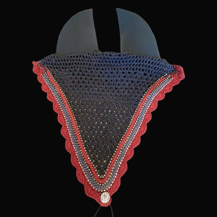 Soundproof - Tiedown Bonnets - Full - Charcoal Base/Red Scallops/3 Clear Bling/Grey & Red Piping