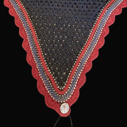 Soundproof - Tiedown Bonnets - Charcoal Base/Red Scallops/3 Clear Bling/Grey & Red Piping