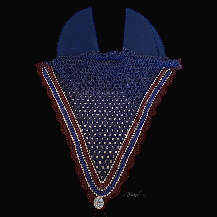 Soundproof - Tiedown Bonnets - Full - Navy Base/Burgundy Scallops/3 Clear Bling/Navy & Burgundy Piping