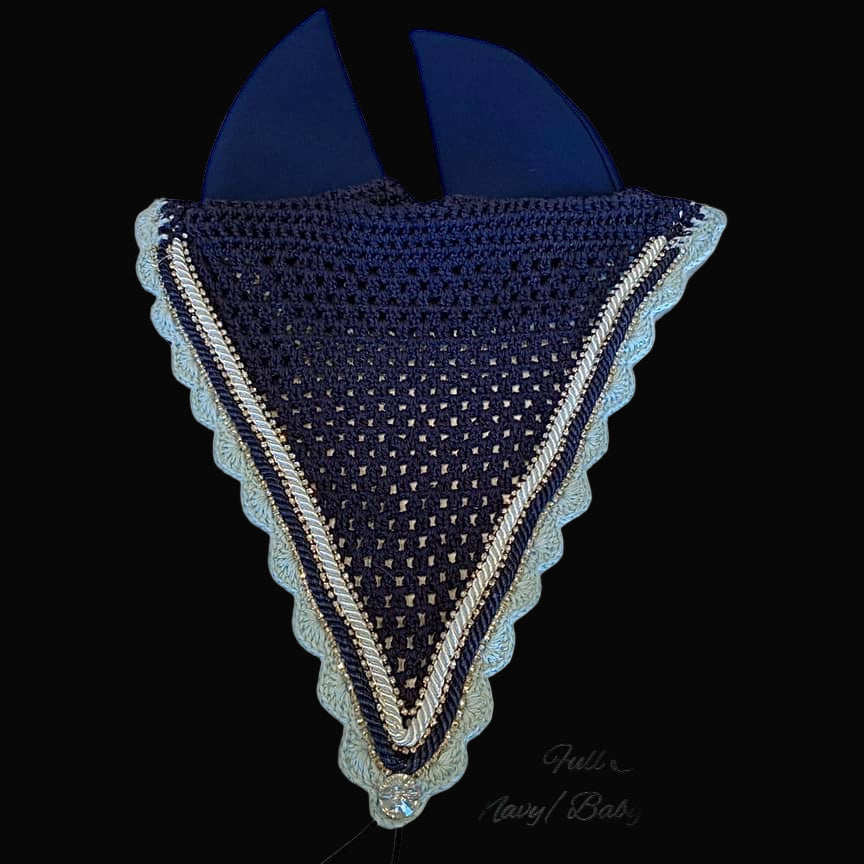 Soundproof - Tiedown Bonnets - Full - Navy Base/Baby Blue Scallops/3 Clear Bling/Navy & White Piping