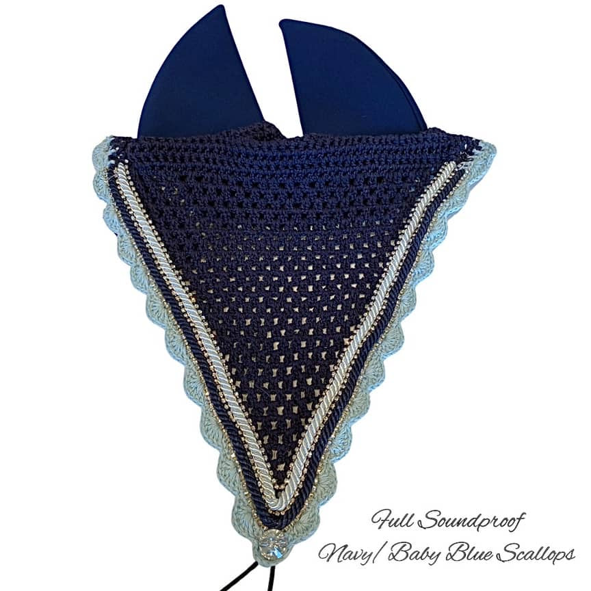 Soundproof - Tiedown Bonnets - Warmblood - Navy Base/Light Blue Scallops/3 Clear Bling/Navy & White Piping