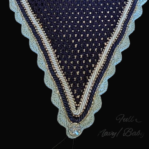 Soundproof - Tiedown Bonnets -Navy Base/Light Blue Scallops/3 Clear Bling/Navy & White Piping