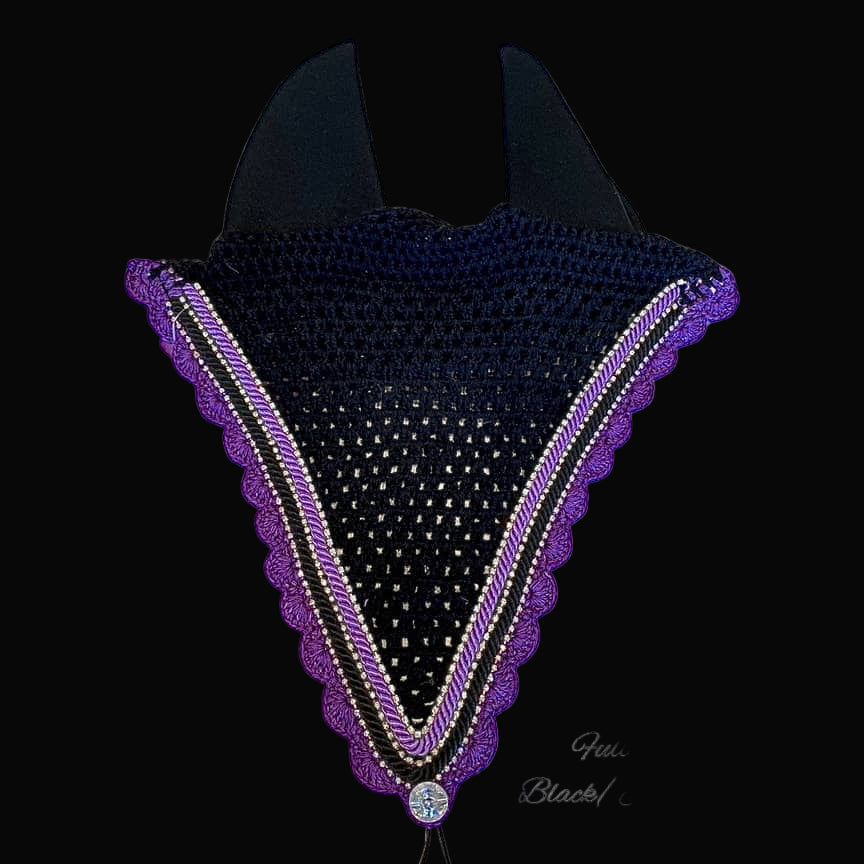 Soundproof - Tiedown Bonnets - Full - Black Base/Purple Scallops/3 Clear Bling/Black & Purple Piping