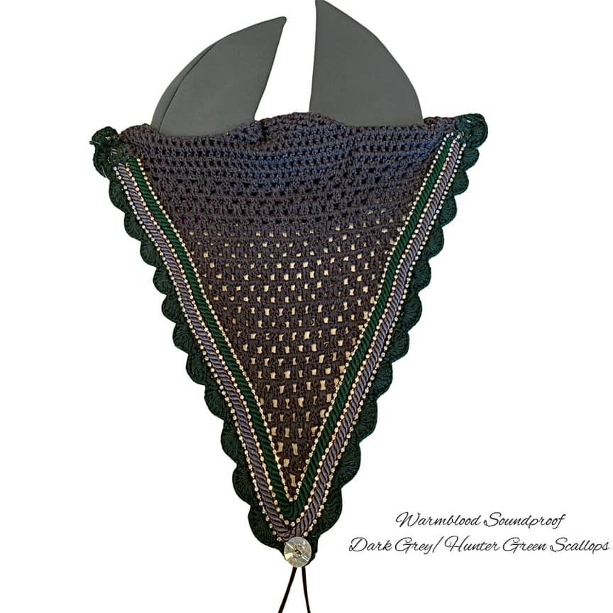 Soundproof - Tiedown Bonnets - Warmblood - Charcoal Base/Green Scallops/3 Clear Bling/Grey & Green Piping
