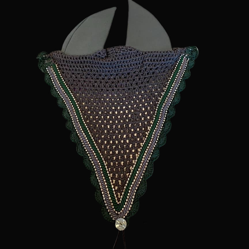 Soundproof - Tiedown Bonnets - Warmblood - Charcoal Base/Green Scallops/3 Clear Bling/Grey & Green Piping