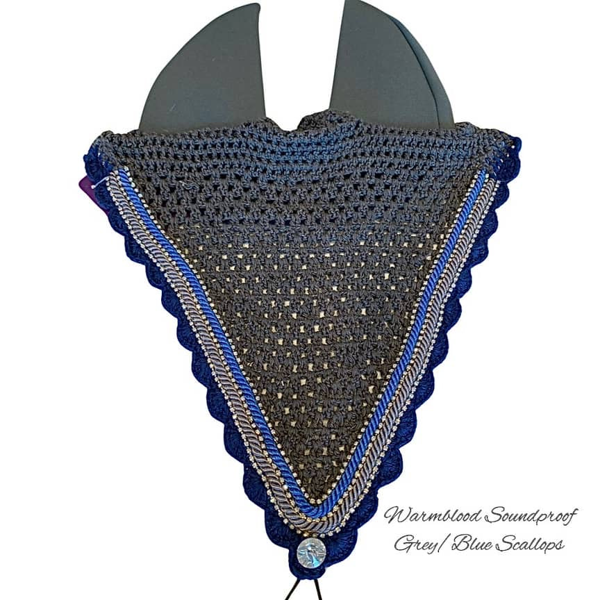 Soundproof - Tiedown Bonnets - Warmblood - Grey Base/Blue Scallops/3 Clear Bling/Grey & Blue Piping