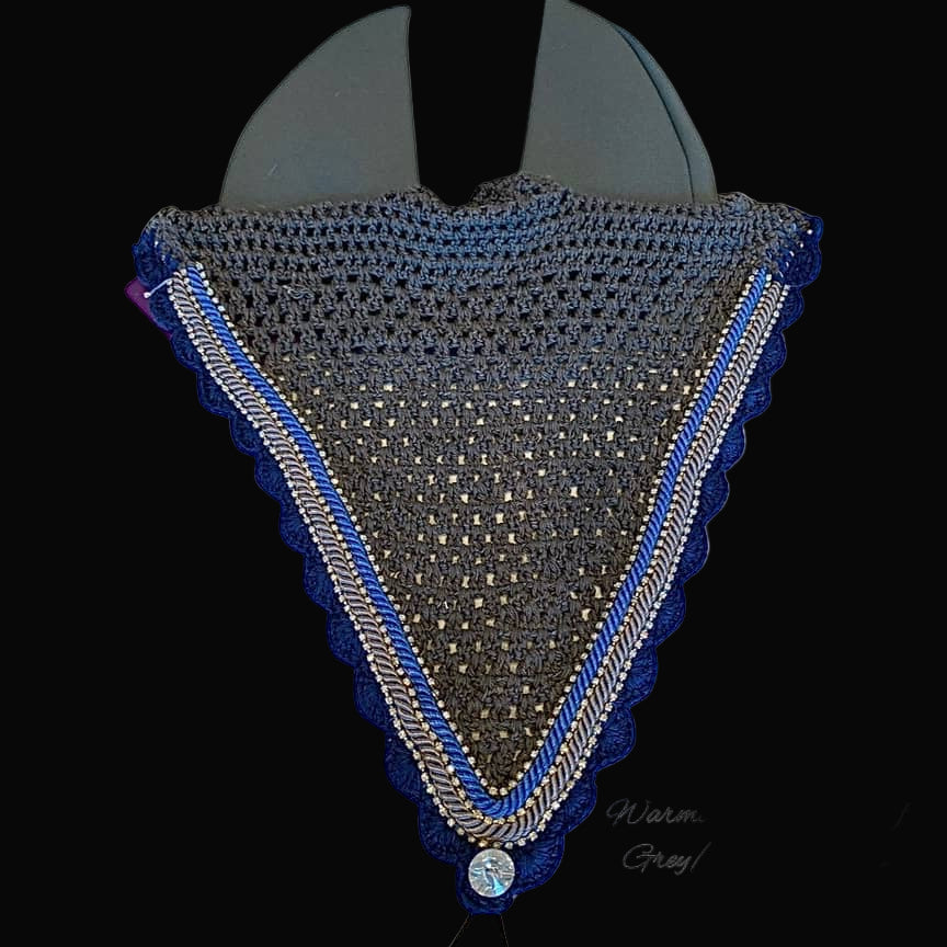Soundproof - Tiedown Bonnets - Warmblood - Grey Base/Blue Scallops/3 Clear Bling/Grey & Blue Piping