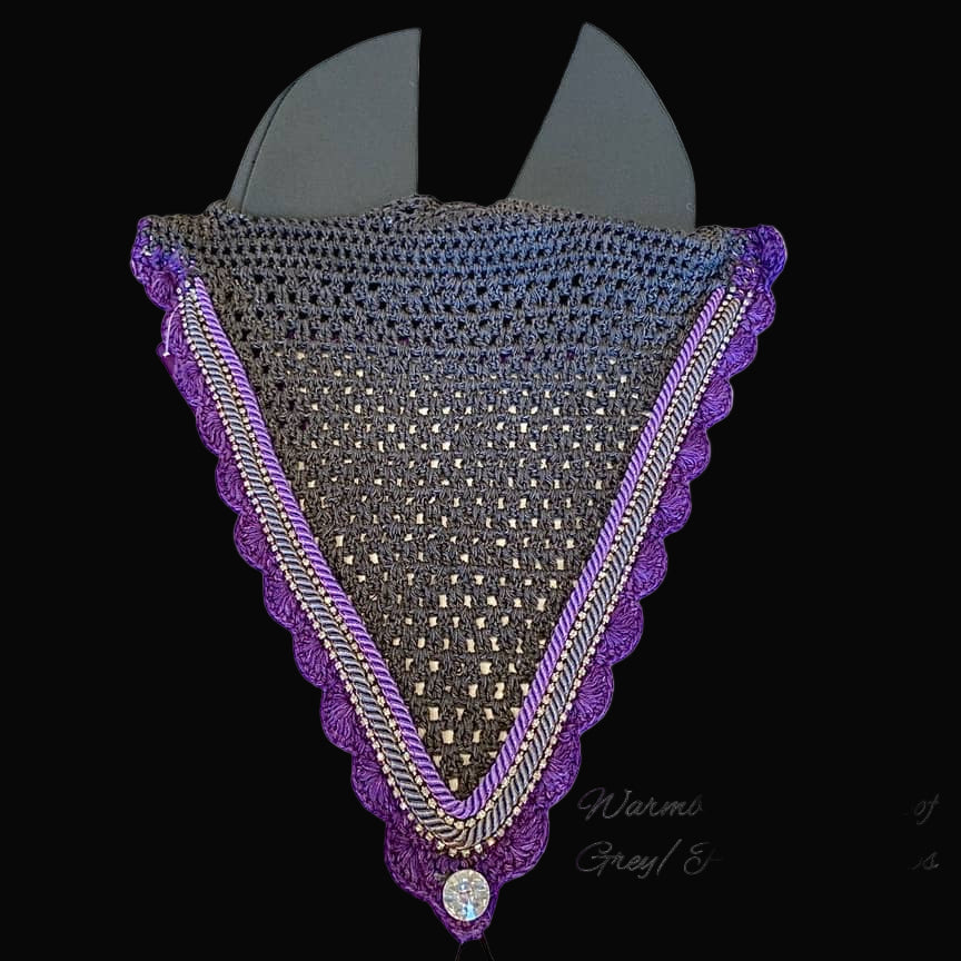 Soundproof - Tiedown Bonnets - Warmblood - Grey Base/Purple Scallops/2 Clear Bling/Grey & Purple Piping