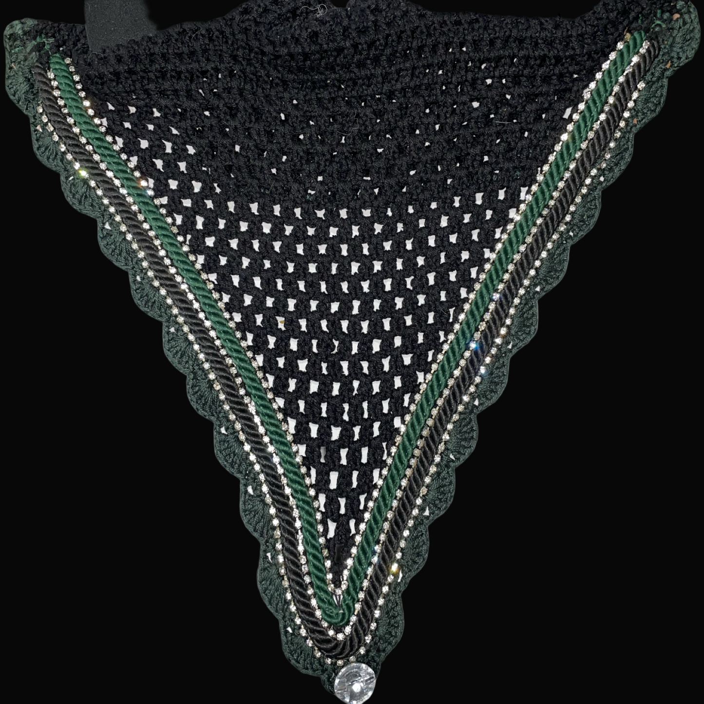 Soundproof - Tie Down Bonnets - Cob - Black base/Green Scallops/3 Clear Bling/Green and Black Piping