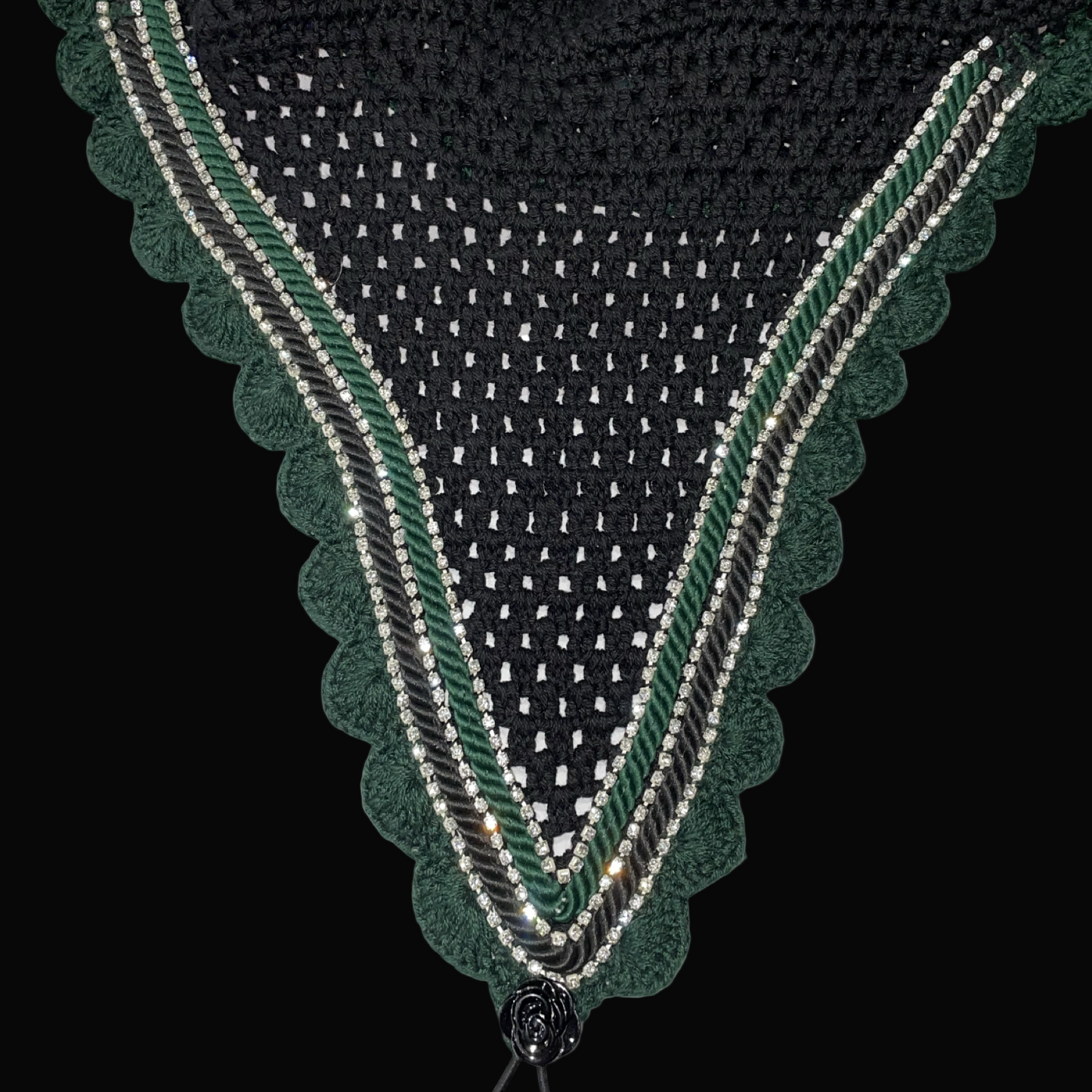 Soundproof - Tiedown Bonnets - Full - Black Base/Green Scallops/3 Clear Bling/Black and Green Piping