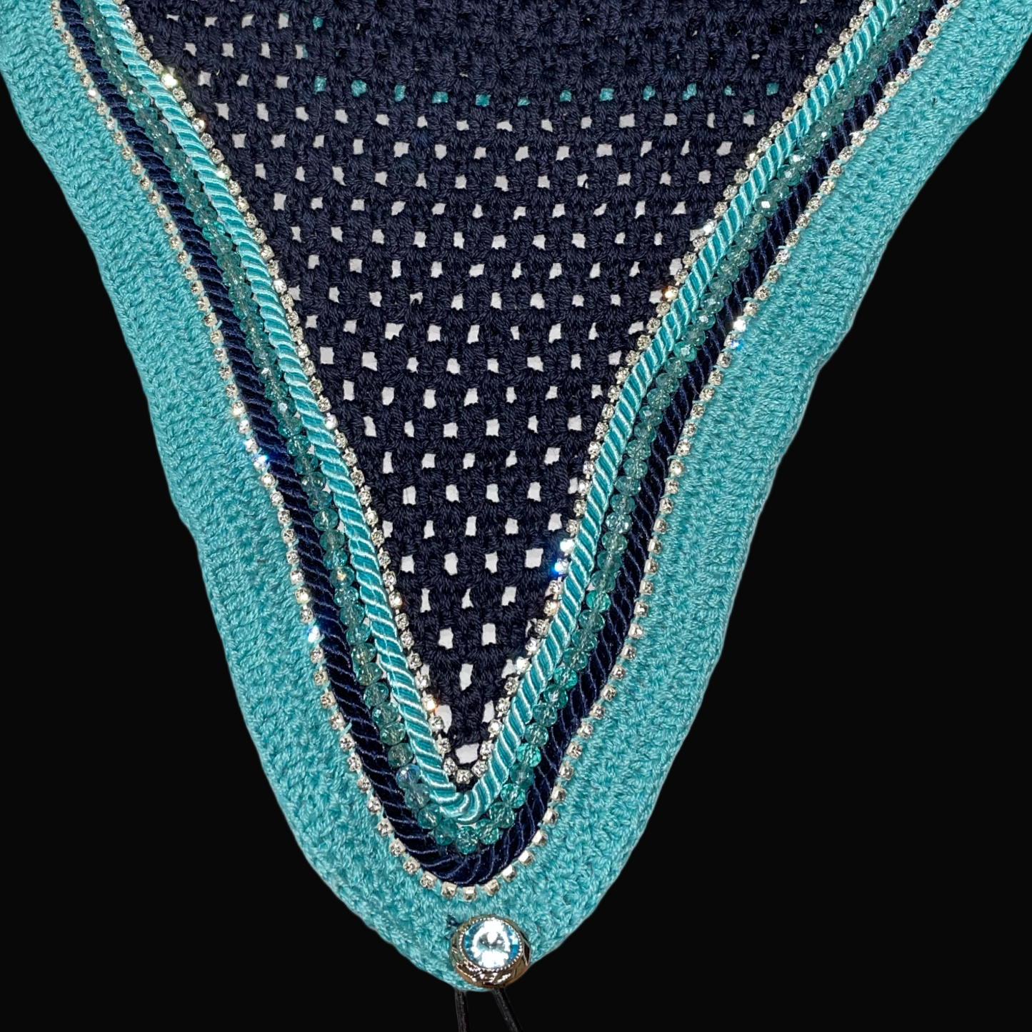 Soundproof - Tiedown Bonnets - Full - Navy Base/Teal Straight Edge/2 Clear Bling/1 Teal Crystal/Teal and Navy Piping