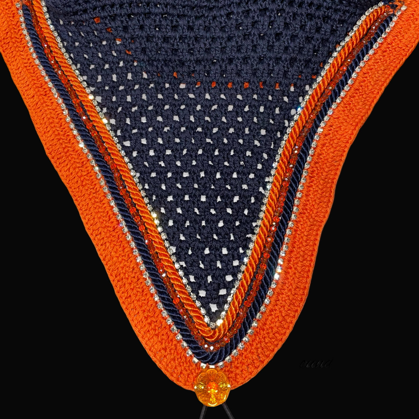 Soundproof - Tiedown Bonnets - Full - Navy Base/Orange Straight Edge/2 Clear Bling/1 Orange Crystal/Navy and Orange Piping