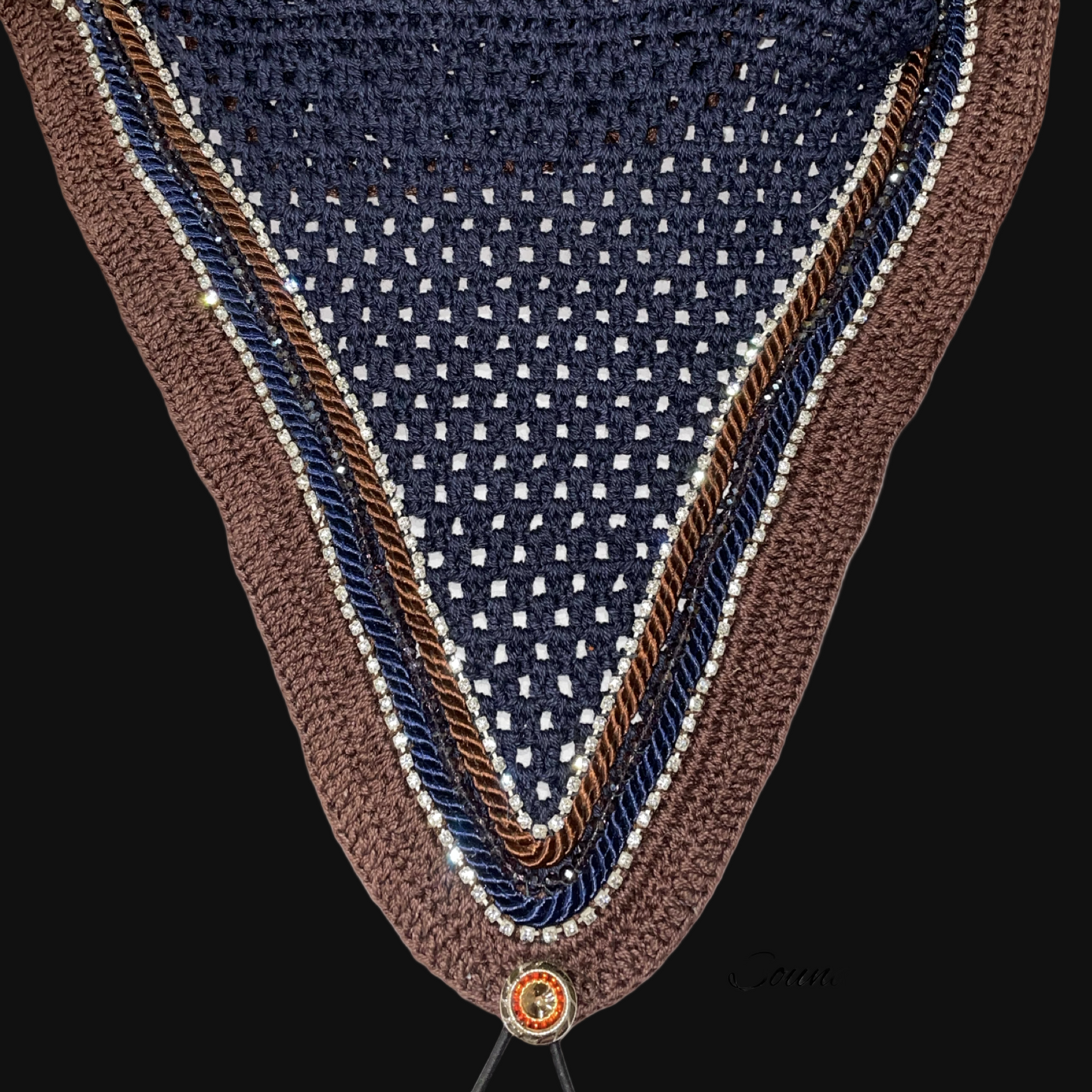 Soundproof - Tiedown Bonnets - Full - Navy Base/Brown Straight Edge/2 Clear Bling/1 Brown Crystal/Navy and Brown Piping