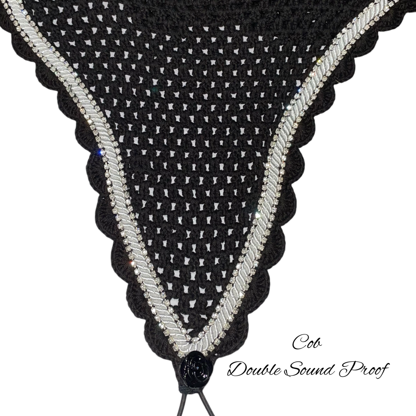 Double Soundproof - Tiedown Bonnets - Cob - Black Base/Black Scallops/2 Clear Bling/1 White Piping
