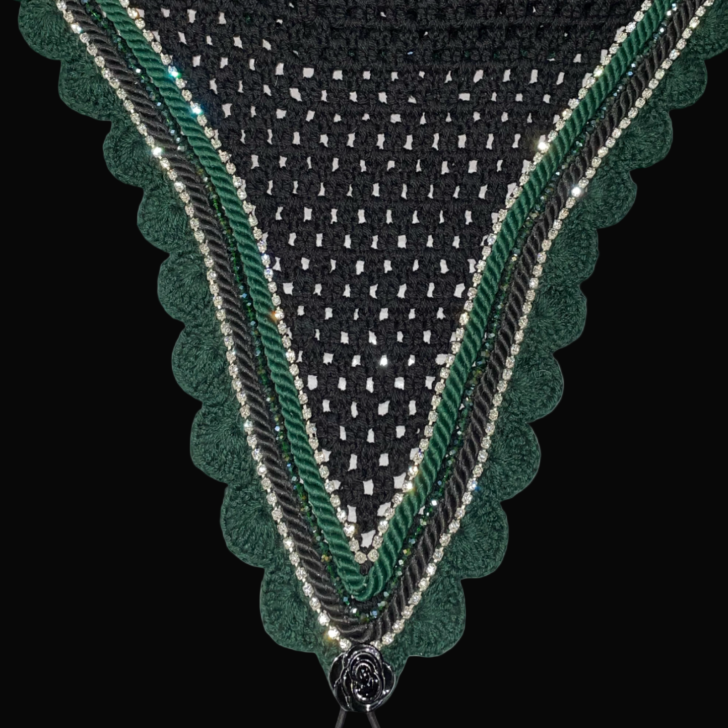 Double Soundproof - Tiedown Bonnets - Cob - Black Base/Dark Green Scallops/2 Clear Bling/1 Dark Green Crystal/Black and Dark Green Piping