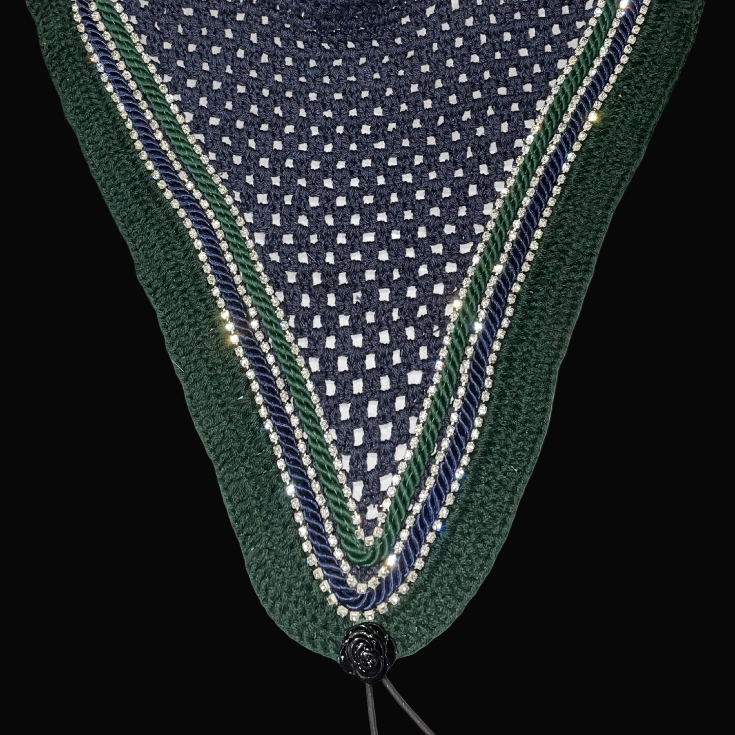 Double Soundproof - Tiedown Bonnets - Full - Navy Base/Dark Green Straight Edge/3 Clear Bling/Dark Green and Navy Piping