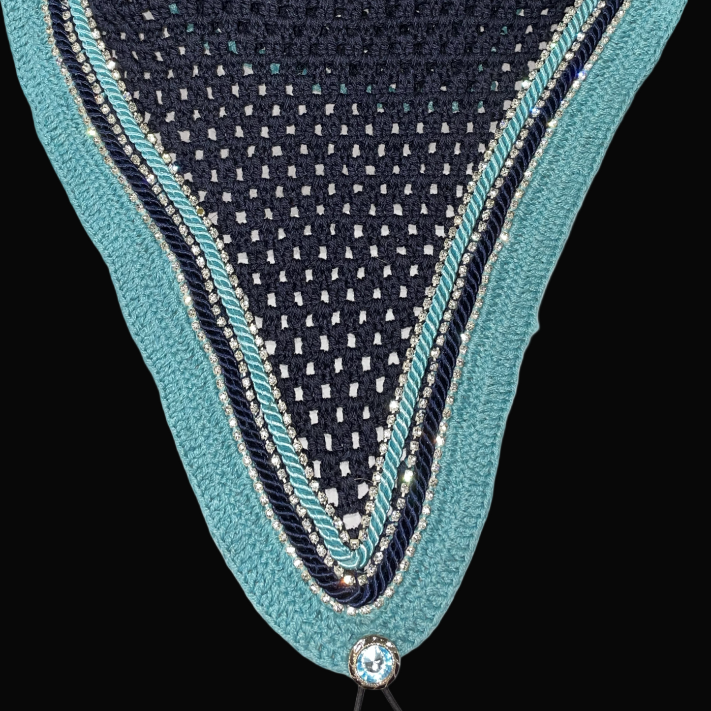 Double Soundproof - Tiedown Bonnets - Full - Navy Base/Baby Blue Straight Edge/3 Clear Bling/Navy and Baby Blue Piping