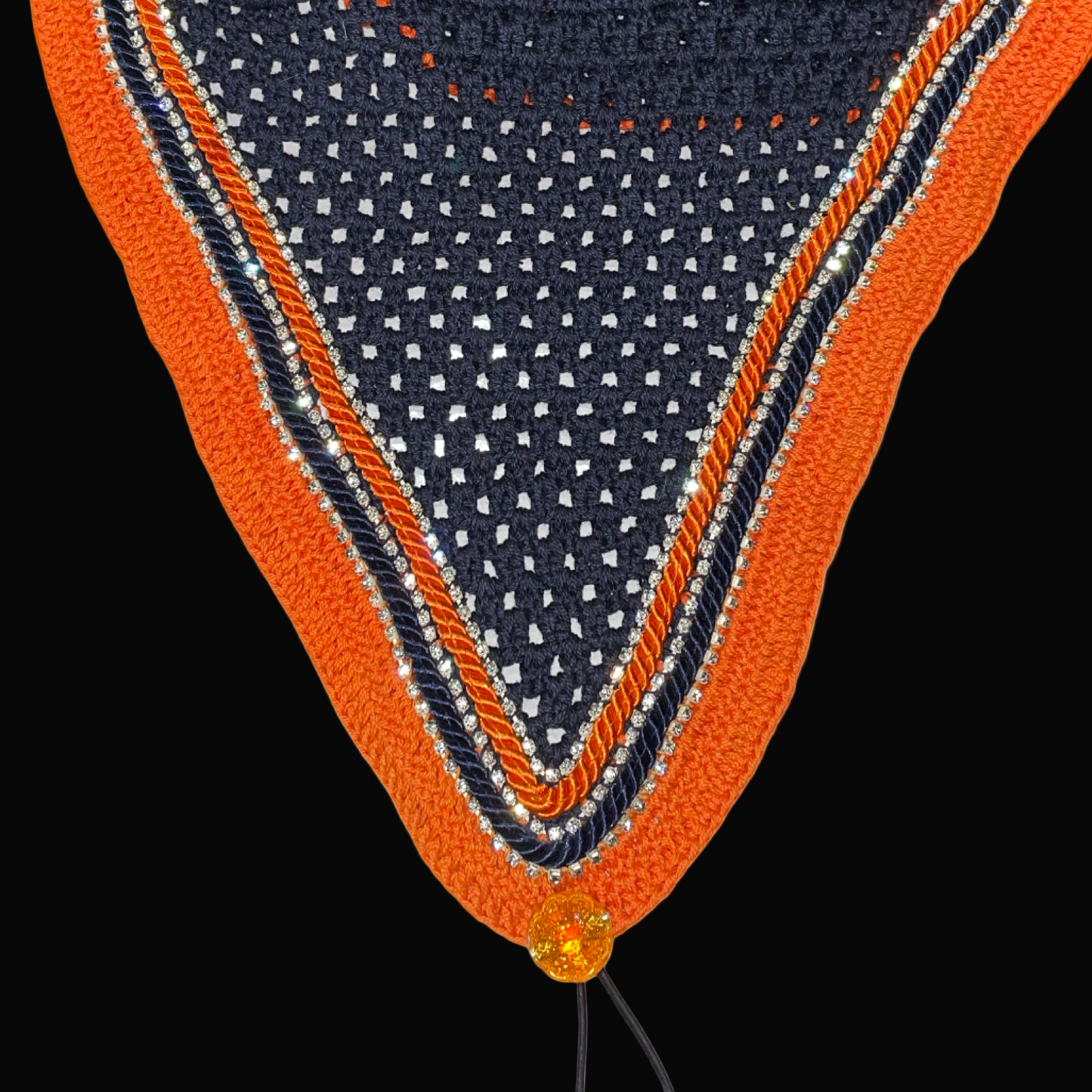 Double Soundproof - Tiedown Bonnets - Full - Navy Base/Orange Straight Edge/3 Clear Bling/Navy and Orange Piping