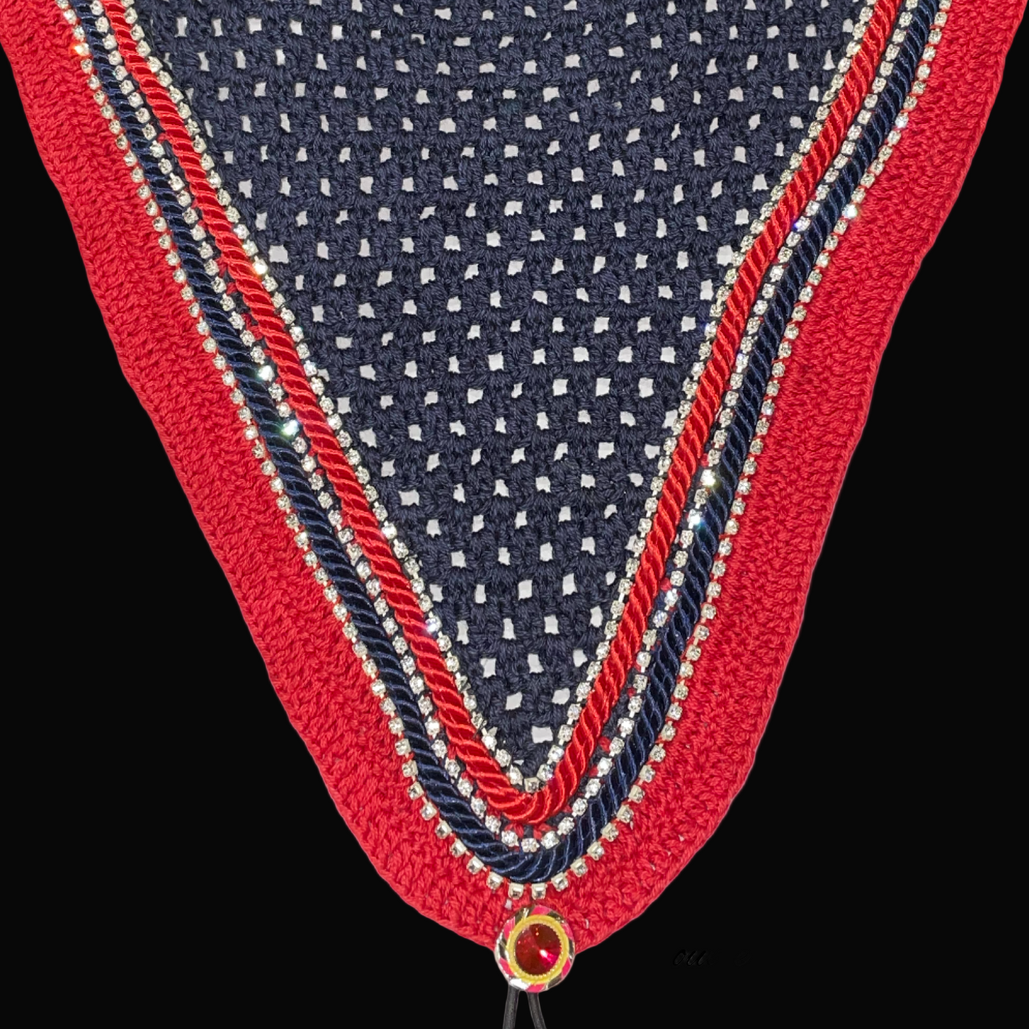 Double Soundproof - Tiedown Bonnets - Full - Navy Base/Red Straight Edge/3 Clear Bling/Navy and Red Piping