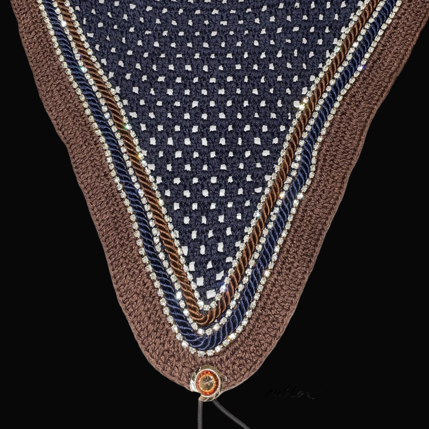 Double Soundproof - Tiedown Bonnets - Full - Navy Base/Brown Straight Edge/3 Clear Bling/Navy and Brown Piping