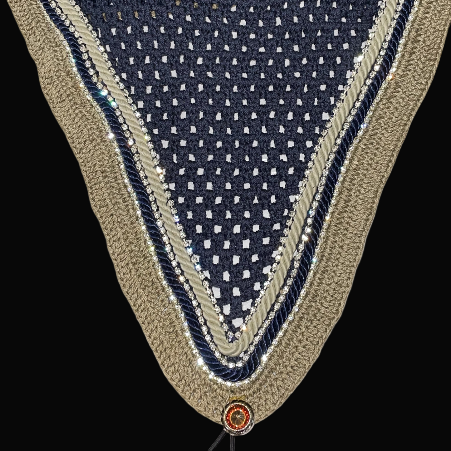 Double Soundproof - Tiedown Bonnets - Full - Navy Base/Taupe Straight Edge/3 Clear Bling/Navy and Taupe Piping