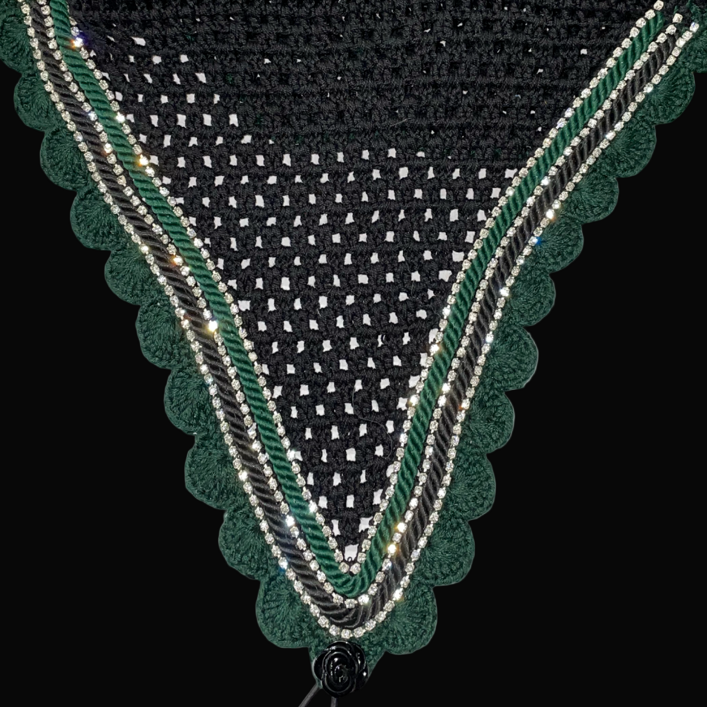 Double Soundproof - Tiedown Bonnets - Full - Black Base/Dark Green Scallops/3 Clear Bling/Dark Green and Black Piping