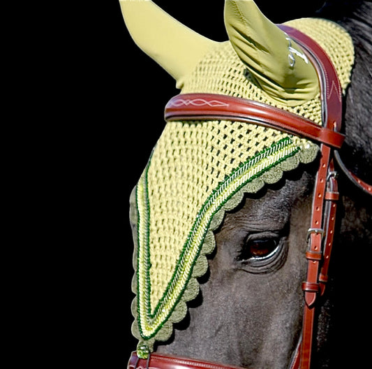 Tiedown Bonnets - Full - Light Olive Base/Dark Olive Scallops/2 Dark Olive Crystal/1 Light Olive Crystal/Dark & Light Olive Piping