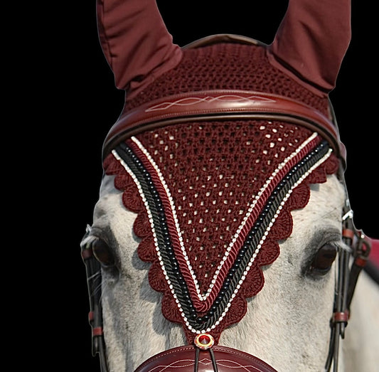 Tiedown Bonnets - Warmblood - Merlot Base/Merlot Scallops/3 Clear Bling/Merlot and Black Piping