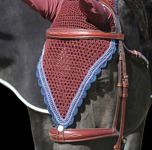 Tiedown Bonnets - Warmblood - Merlot Base/Navy Scallops/2 Royal Blue Bling/2 Red Bling/1 Navy Pearl