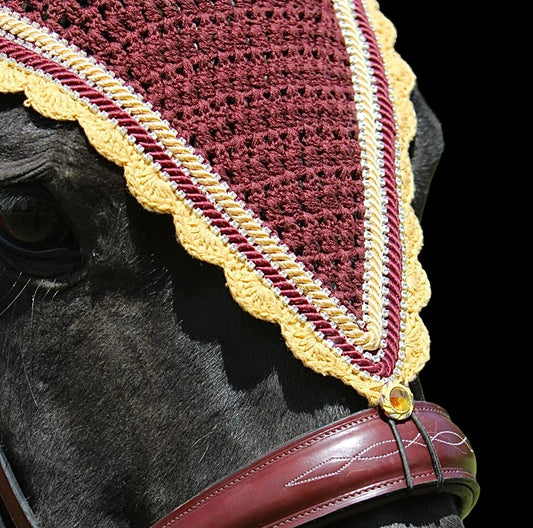 Tiedown Bonnets - Warmblood - Burgundy Base/Gold Scallops/3 Clear Bling/Gold and Burgundy Piping