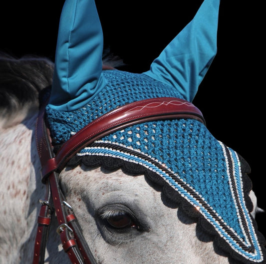 Tiedown Bonnets - Warmblood - Midnight Teal Base/Black Scallops/3 Clear Bling/Black & Midnight Teal Piping