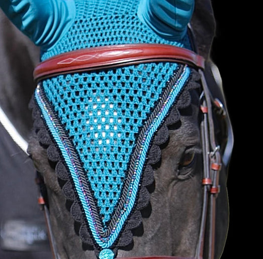 Tiedown Bonnets - Warmblood - Midnight Teal Base/Black Scallops/2 Black Crystal/1 Teal Crystal/Midnight Teal & Black Piping
