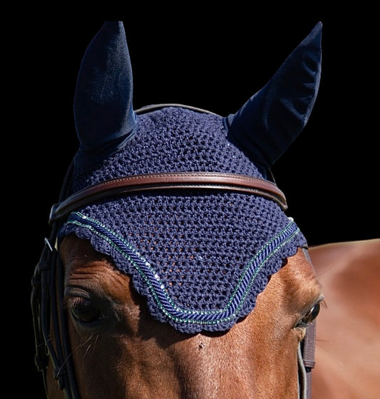 Classic Cut Bonnets - Full - Navy Base/Navy Scalloped Edge/2 Hunter Green Bling/Navy Piping